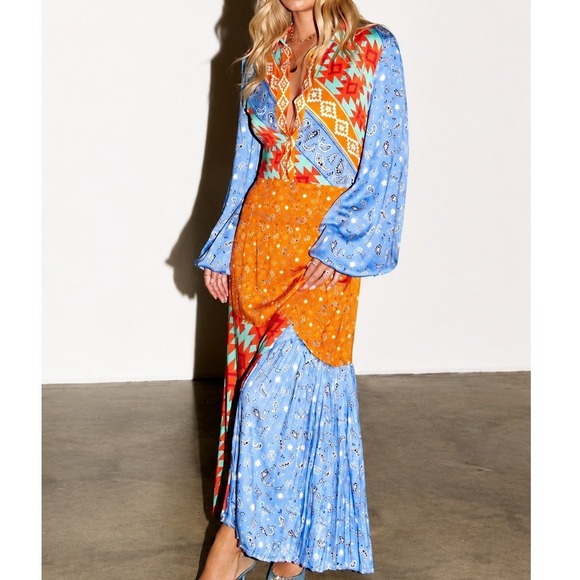 Never Fully Dressed Dresses & Skirts - NEW Never Fully Dressed Blue Clash Effie Shirt Maxi Dress Patchwork Boho Size 16